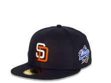 Load image into Gallery viewer, New Era MLB 59Fifty 5950 Fitted San Diego Padres Cap Hat Navy Crown White/Orange Logo 1998 World Series Side Patch Black UV
