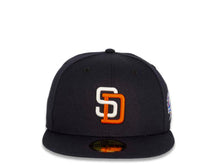 Load image into Gallery viewer, New Era MLB 59Fifty 5950 Fitted San Diego Padres Cap Hat Navy Crown White/Orange Logo 1998 World Series Side Patch Black UV
