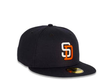 Load image into Gallery viewer, New Era MLB 59Fifty 5950 Fitted San Diego Padres Cap Hat Navy Crown White/Orange Logo 1998 World Series Side Patch Black UV
