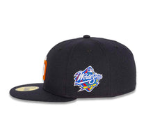 Load image into Gallery viewer, New Era MLB 59Fifty 5950 Fitted San Diego Padres Cap Hat Navy Crown White/Orange Logo 1998 World Series Side Patch Black UV
