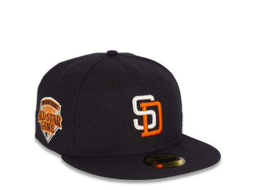 San Diego Padres New Era MLB 59FIFTY 5950 Fitted Cap Hat Navy Crown/Visor White/Orange Logo 1992 All-Star Game Side Patch