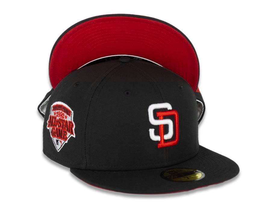 San Diego Padres New Era MLB 59FIFTY 5950 Fitted Cap Hat Black Crown/Visor White/Red Logo 1992 All-Star Game Side Patch Red UV