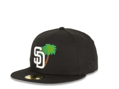 New Era MLB 59Fifty 5950 Fitted San Diego Padres Cap Hat Black Crown White Logo with Palm Tree Taco Back Logo Gray UV