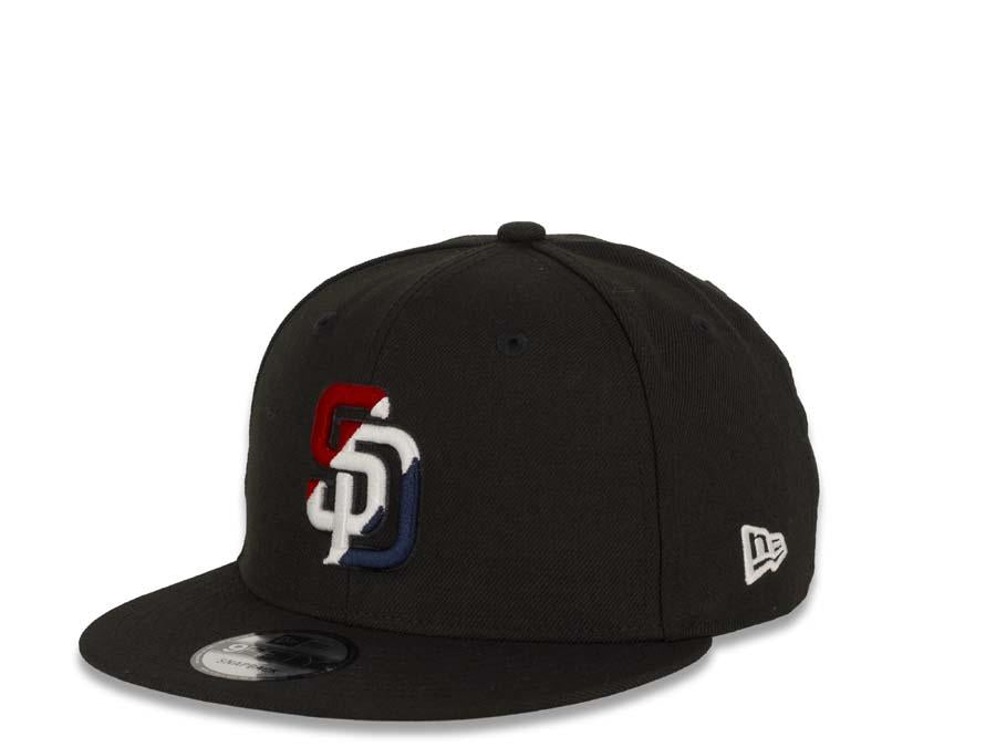 New Era MLB 9Fifty 950 Snapback San Diego Padres Cap Hat Black Crown Red/White/Navy Tricolor Logo Black UV