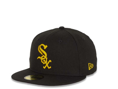 New Era MLB 59Fifty 5950 Fitted Chicago White Sox Cap Hat Black Crown Yellow Logo Black UV
