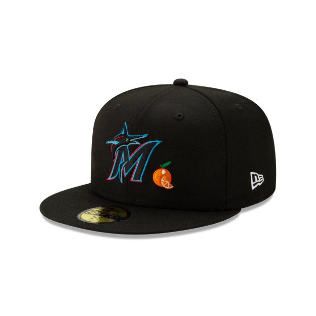 Miami Marlins New Era MLB 59Fifty 5950 Fitted Cap Hat Black Crown/Visor Team Color Logo with Orange (Team Eats)