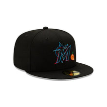 Load image into Gallery viewer, Miami Marlins New Era MLB 59Fifty 5950 Fitted Cap Hat Black Crown/Visor Team Color Logo with Orange (Team Eats)
