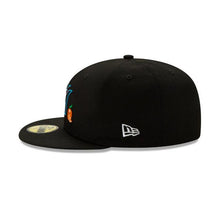 Load image into Gallery viewer, Miami Marlins New Era MLB 59Fifty 5950 Fitted Cap Hat Black Crown/Visor Team Color Logo with Orange (Team Eats)
