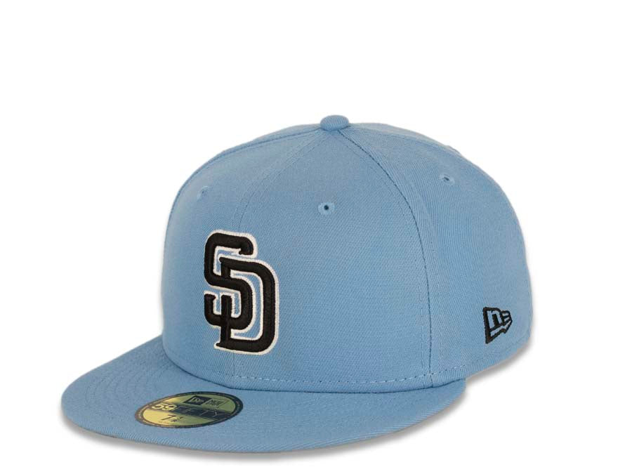 San Diego Padres New Era MLB 59Fifty 5950 Fitted Cap Hat Sky Blue Crown/Visor Black/White Logo Sky Blue