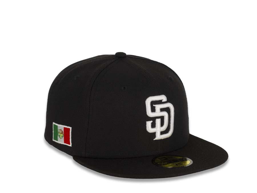 San Diego Padres New Era MLB 59Fifty 5950 Fitted Cap Hat Black Crown/Visor White Logo Mexican Flag Side Patch