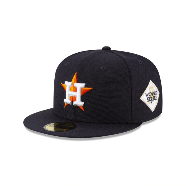 Houston Astros New Era MLB 59FIFTY 5950 Fitted Cap Hat Navy Crown/Visor Team Color Logo 2017 World Series Side Patch