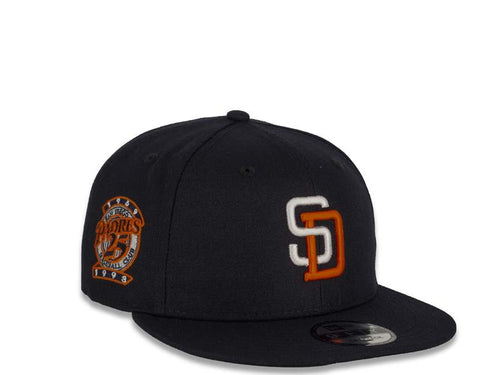 New Era MLB 9Fifty 950 Snapback San Diego Padres Cap Hat Navy Crown White/Orange Logo 25th Anniversary Side Patch Black UV