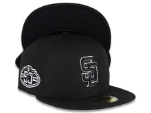 Load image into Gallery viewer, San Diego Padres New Era MLB 59FIFTY 5950 Fitted Cap Hat Black Crown/Visor Black/White Logo 50th Anniversary Side Patch
