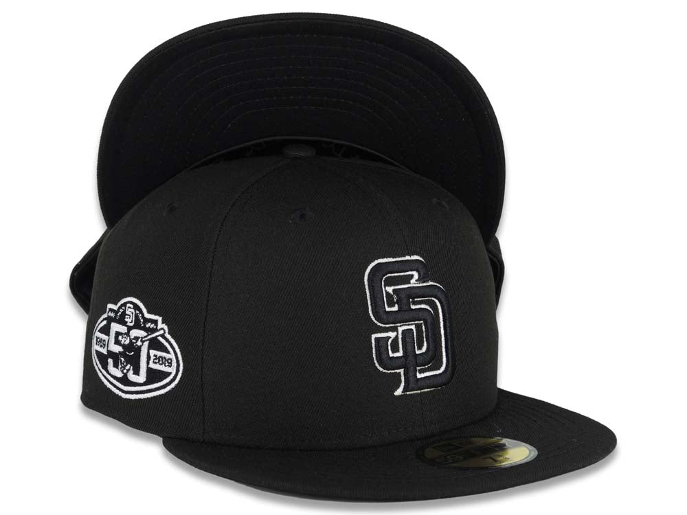 San Diego Padres New Era MLB 59FIFTY 5950 Fitted Cap Hat Black Crown/Visor Black/White Logo 50th Anniversary Side Patch