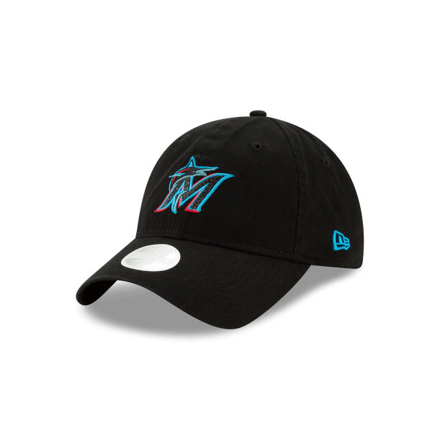 (Women) Miami Marlins New Era MLB 9TWENTY 920 Adjustable Cap Hat Black Crown/Visor Team Color Logo 