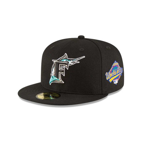 Florida Marlins New Era MLB 59Fifty 5950 Fitted Cap Hat Team Color Black Crown/Visor Team Color Logo 1997 World Series Side Patch Gray UV