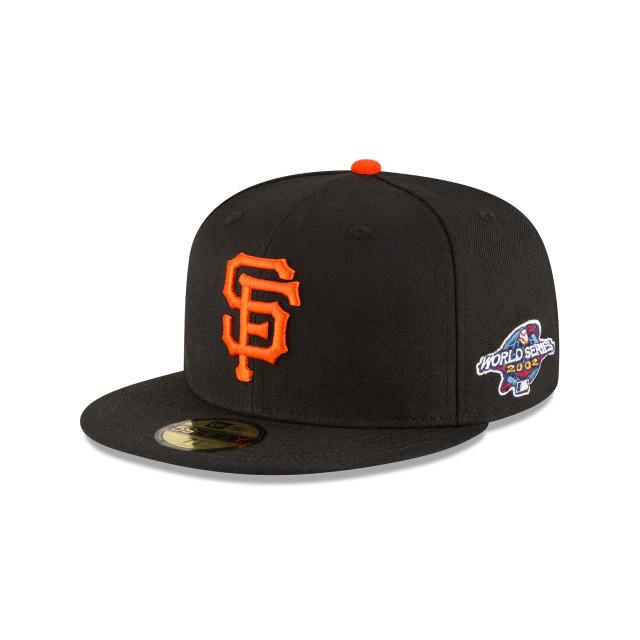 San Francisco Giants New Era MLB 59Fifty 5950 Fitted Cap Hat Team Color Black Crown/Visor Orange Logo 2002 World Series Side Patch Gray UV
