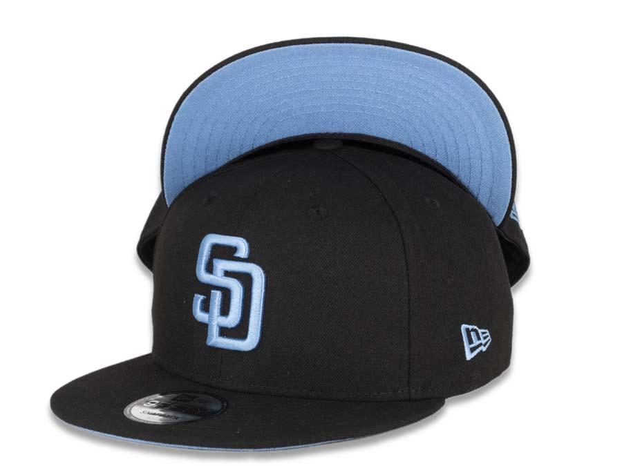New Era MLB 9Fifty 950 Snapback San Diego Padres Cap Hat Black Crown Sky Blue Logo Sky Blue UV