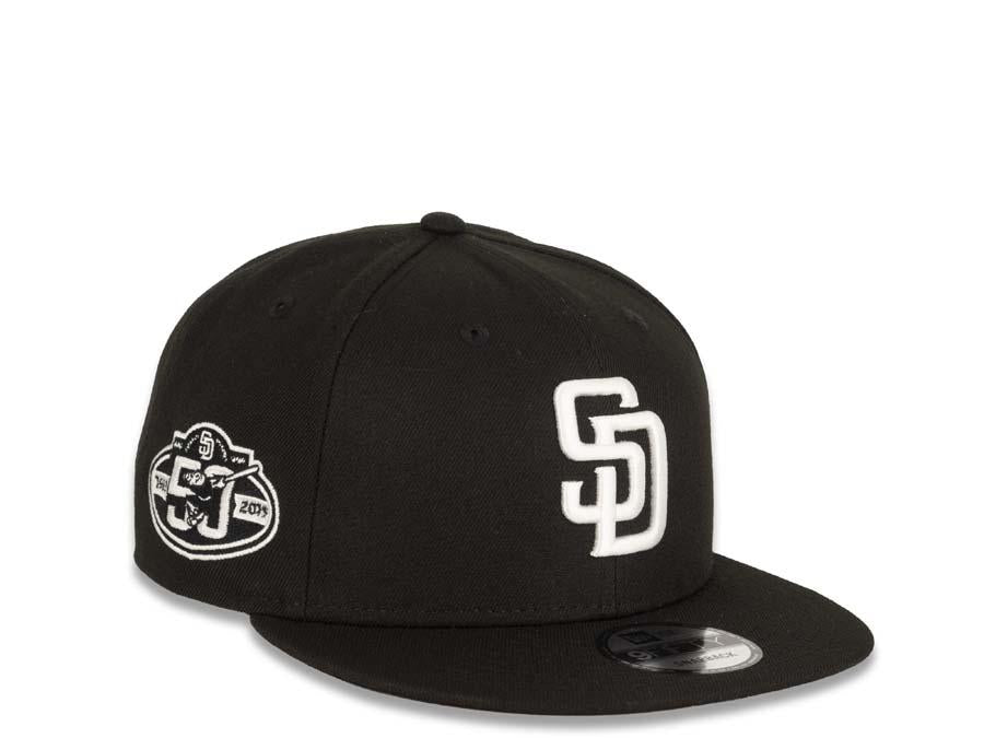 New Era MLB 9Fifty 950 Snapback San Diego Padres Cap Hat Black Crown White Logo 50th Anniversary Side Patch Black UV