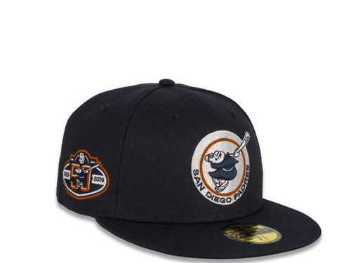 New Era MLB 59Fifty 5950 Fitted San Diego Padres Cap Hat Navy Crown Navy/White/Orange Friar Logo 50th Anniversary Side Patch Black UV