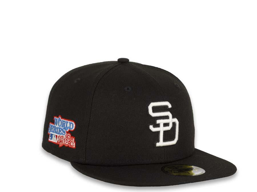 New Era MLB 59Fifty 5950 Fitted San Diego Padres Cap Hat Black Crown White Cooperstown Retro Logo 1984 World Series Side Patch Black UV