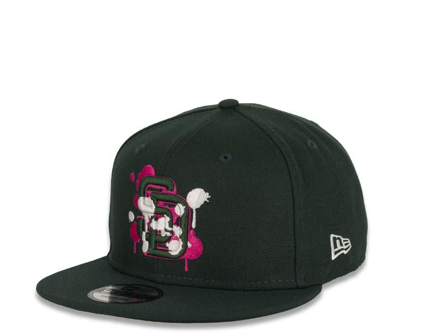 New Era MLB 9Fifty 950 Snapback San Diego Padres Cap Hat Forest Green Crown Forest Green/White/Beetroot Purple Splatter Logo Forest Green UV