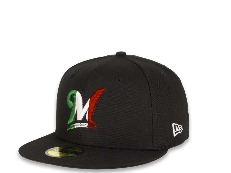 New Era MLB 59Fifty 5950 Fitted Milwaukee Brewers Cap Hat Black Crown Green/White/Red Tricolor Logo Black UV