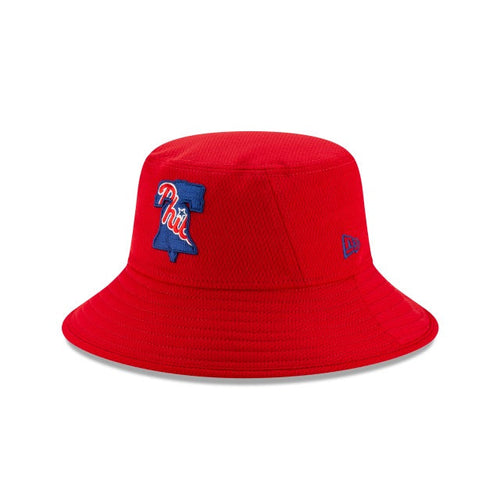Philadelphia Phillies New Era MLB Bucket Cap Hat Red Crown/Visor Team Color Logo 2020 Batting Practice