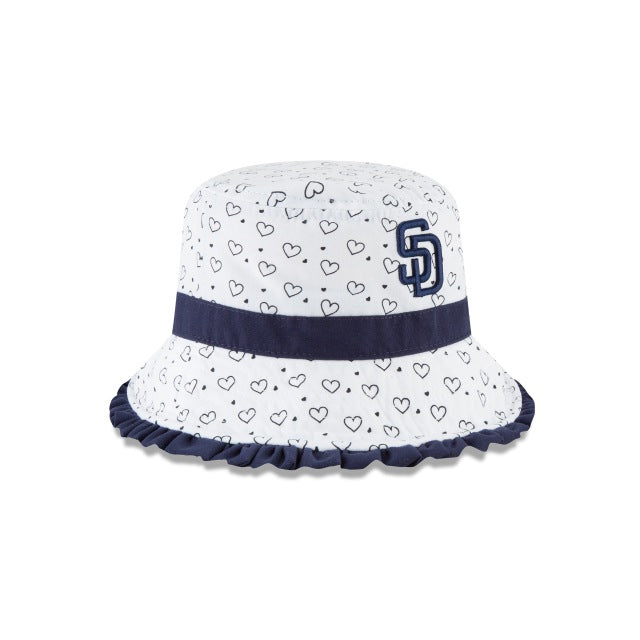 San Diego Padres New Era MLB Frill Bucket Cap Hat White/Blue Crown/Visor Blue Logo with Hearts Pattern