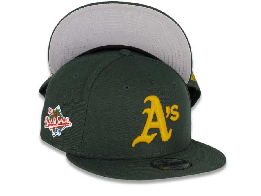 Oakland A's Athletics New Era MLB 9Fifty 950 Snapback Cap Hat Team Color Green Crown/Visor Yellow Logo 1989 World Series Side Patch Gray UV