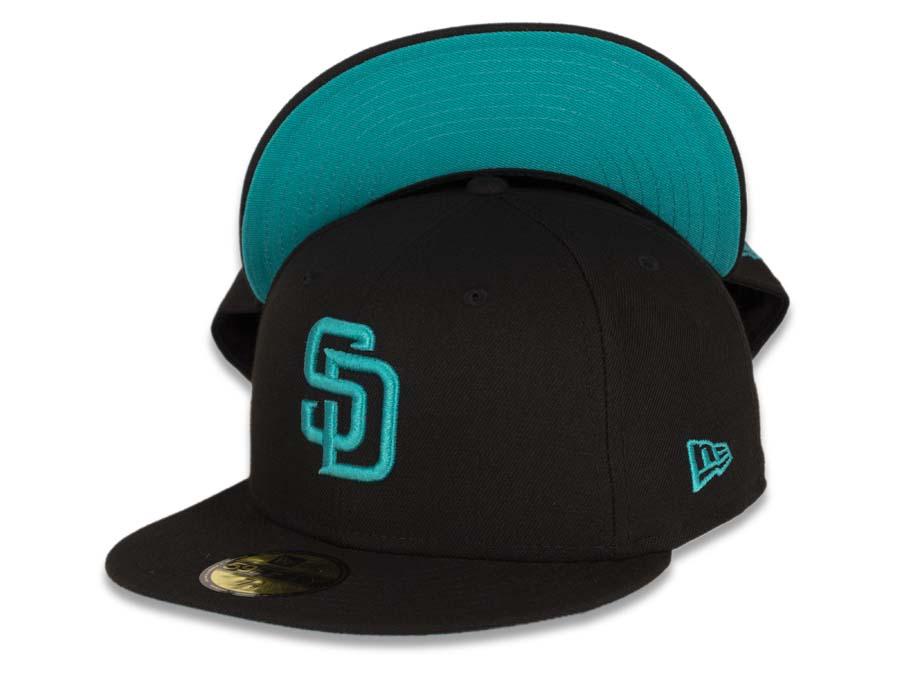 San Diego Padres New Era MLB 59FIFTY 5950 Fitted Cap Hat Black Crown/Visor Aqua Logo 