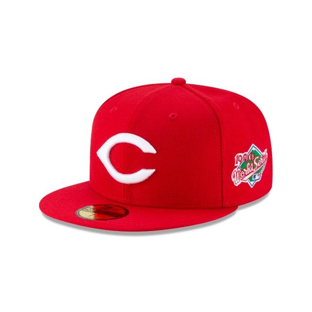Cincinnati Reds New Era MLB 59Fifty 5950 Fitted Cap Hat Team Color Red Crown/Visor White Logo 1990 World Series Side Patch Gray UV
