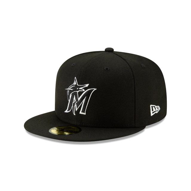 Miami Marlins New Era MLB 59FIFTY 5950 Fitted Cap Hat Black Crown/Visor Black/White Logo 