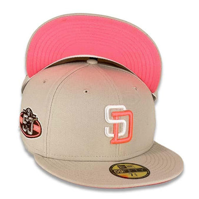 San Diego Padres New Era MLB 59FIFTY 5950 Fitted Cap Hat Stone White Crown/Visor White/Pink Logo 