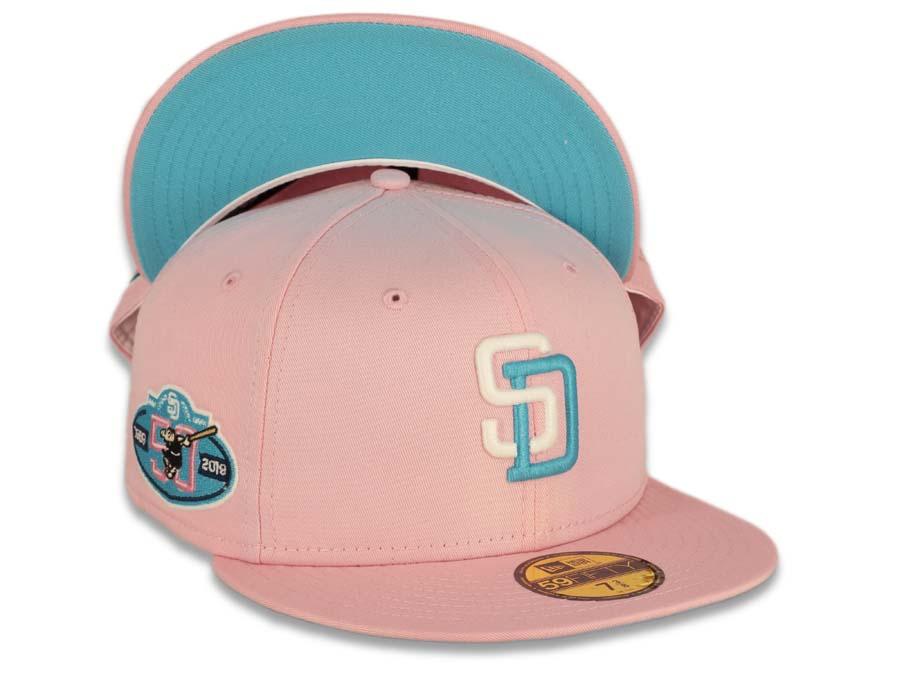 San Diego Padres New Era MLB 59FIFTY 5950 Fitted Cap Hat Pink Crown/Visor White/Neon Blue Logo 50th Anniversary Side Patch