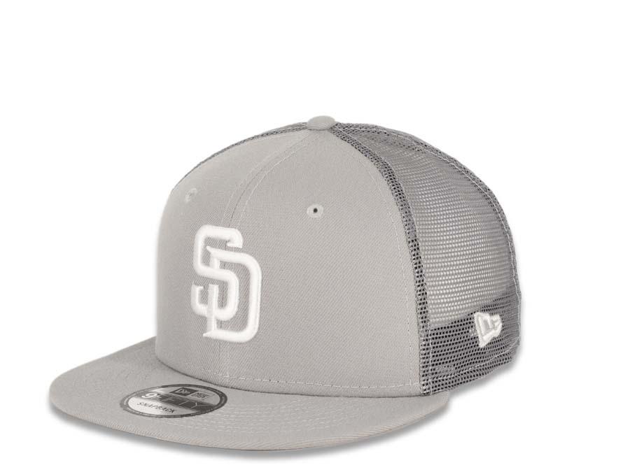 San Diego Padres New Era MLB 9FIFTY 950 Mesh Trucker Snapback Cap Hat Gray Crown/Visor White Logo