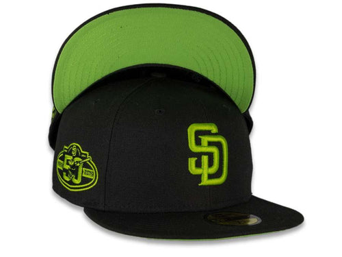 New Era MLB 59Fifty 5950 Fitted San Diego Padres Cap Hat Black Crown Lime Green Logo 50th Anniversary Side Patch Lime Green UV