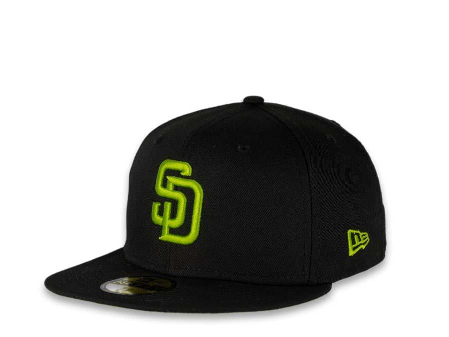 San Diego Padres New Era MLB 59Fifty 5950 Fitted Cap Hat Black Crown Lime  Green Logo 50th Anniversary Side Patch Lime Green UV