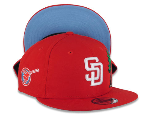 San Diego Padres New Era MLB 9FIFTY 950 Snapback Cap Hat Red Crown/Visor White Logo with Palm Tree Swinging Friar Side Patch Sky Blue UV