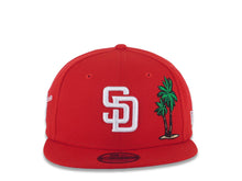 Load image into Gallery viewer, San Diego Padres New Era MLB 9FIFTY 950 Snapback Cap Hat Red Crown/Visor White Logo with Palm Tree Swinging Friar Side Patch Sky Blue UV
