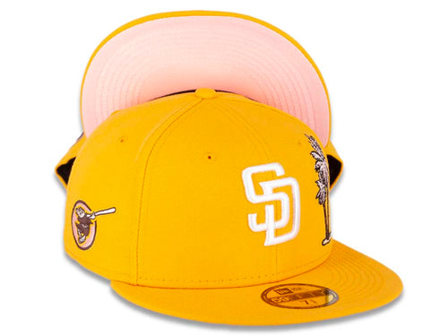 San Diego Padres New Era MLB 59FIFTY 5950 Fitted Cap Hat A Gold Crown/Visor White Logo With Palm Tree 1998 World Series Side Patch Pink UV 