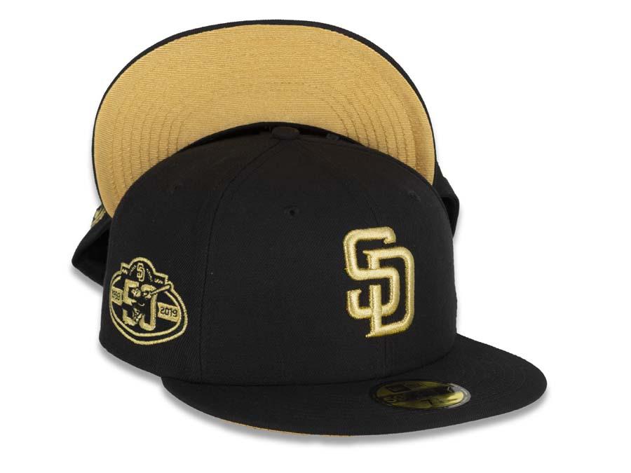 San Diego Padres New Era MLB 59Fifty 5950 Fitted Cap Hat Black Crown/Visor Metallic Gold Logo 50th Anniversary Side Patch Metallic Gold UV