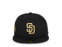 Load image into Gallery viewer, San Diego Padres New Era MLB 59Fifty 5950 Fitted Cap Hat Black Crown/Visor Metallic Gold Logo 50th Anniversary Side Patch Metallic Gold UV
