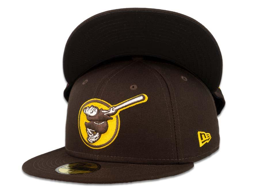 New Era MLB 59Fifty 5950 Fitted San Diego Padres Cap Hat Dark Brown Crown Dark Brown/White/Yellow Friar with Circle Logo Black UV