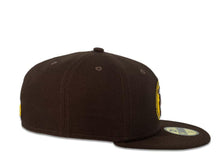 Load image into Gallery viewer, New Era MLB 59Fifty 5950 Fitted San Diego Padres Cap Hat Dark Brown Crown Dark Brown/White/Yellow Friar with Circle Logo Black UV
