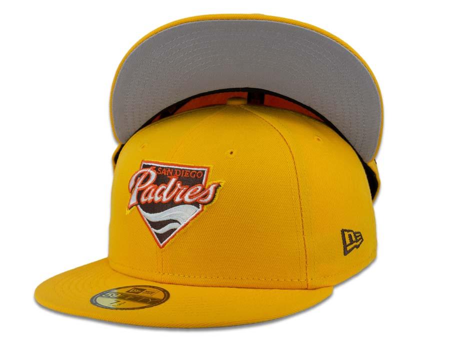 New Era MLB 59Fifty 5950 Fitted San Diego Padres Cap Hat Yellow Crown Dark Brown/White/Yellow/Orage Cooperstown Retro Logo Gray UV