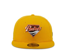 Load image into Gallery viewer, New Era MLB 59Fifty 5950 Fitted San Diego Padres Cap Hat Yellow Crown Dark Brown/White/Yellow/Orage Cooperstown Retro Logo Gray UV
