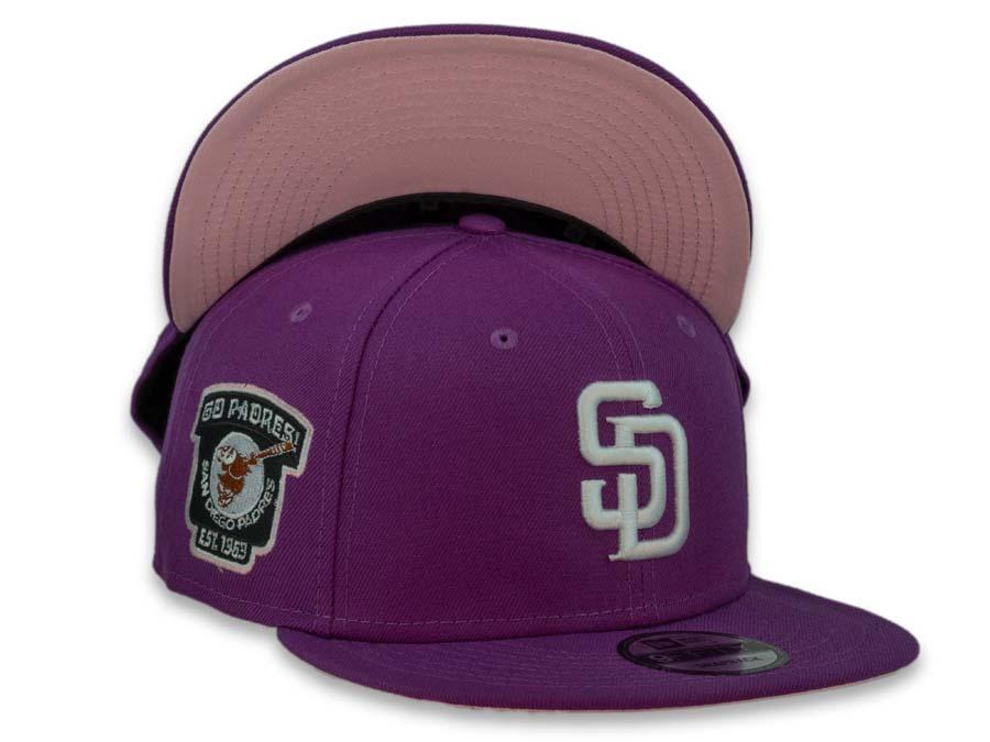 New Era MLB 9Fifty 950 Snapback San Diego Padres Cap Hat Dark Purple Crown White Logo Go Padres Side Patch Pink UV