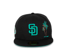 Load image into Gallery viewer, San Diego Padres New Era MLB 59FIFTY 5950 Fitted Cap Hat Black Crown/Visor Teal Logo with Palm Tree 50th Anniversary Side Patch Teal UV
