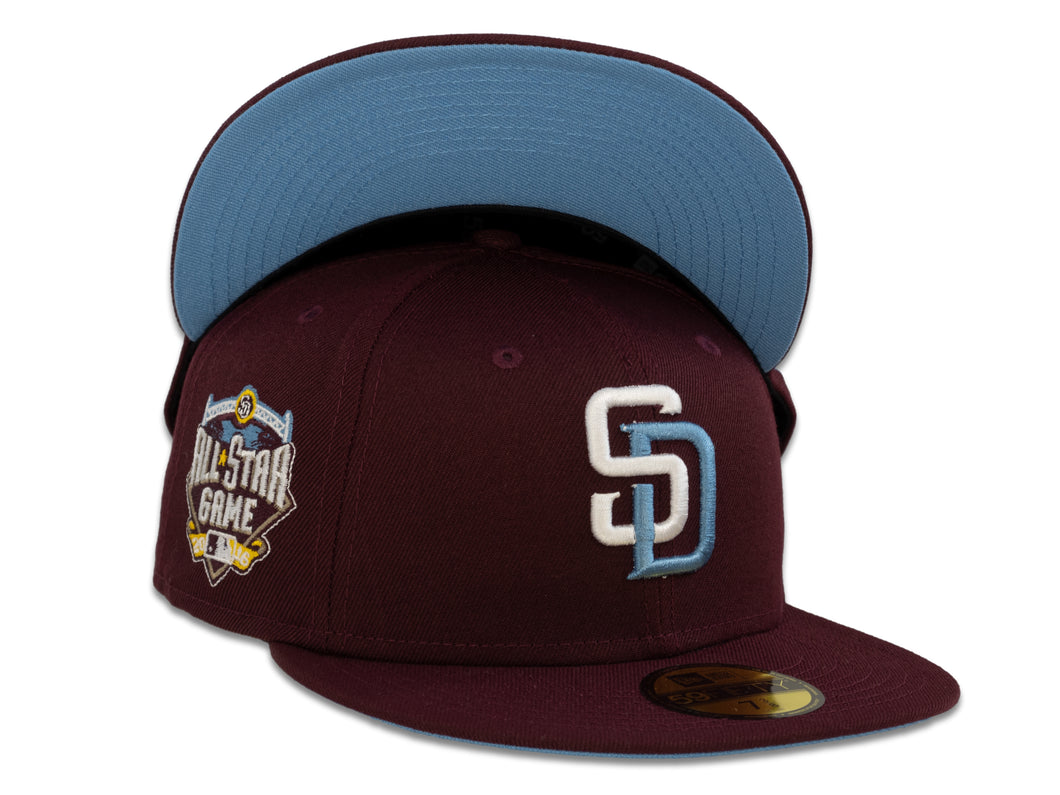 San Diego Padres New Era MLB 59Fifty 5950 Fitted Cap Hat Maroon Crown White/Sky Blue Logo 2016 All-Star Game Side Patch Sky Blue UV